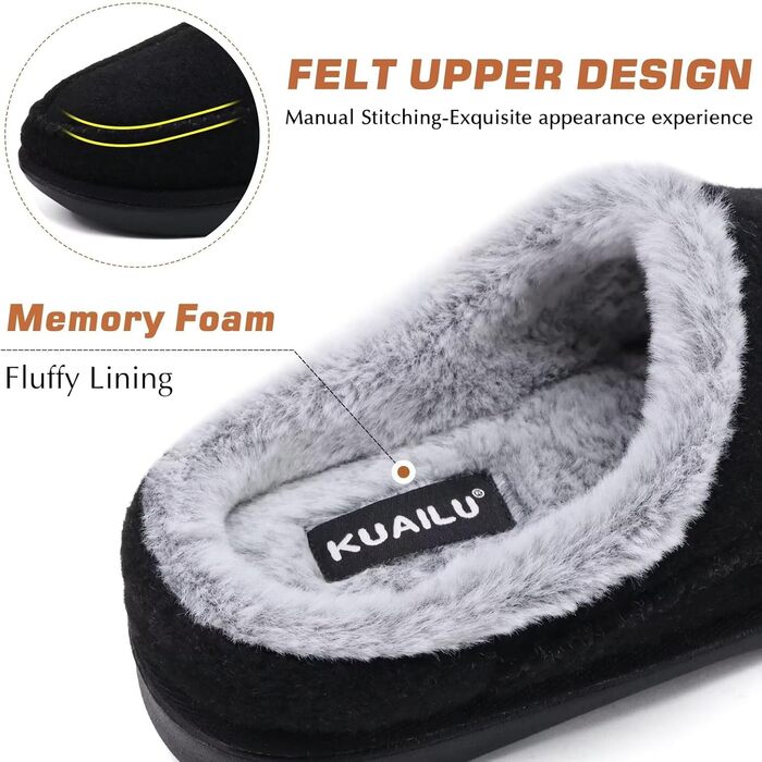 Чоловічі тапочки KuaiLu з піною пам'яті, зручні, ручної роботи, з мікрозамшею, з підтримкою склепіння стопи, з підкладкою з штучного хутра, гумова підошва, для дому та вулиці (48 EU, Чорний)