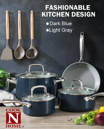 Набір каструль та сковорідок Cook N Home, 10 предметів, антипригарне покриття, кераміка, індукція, блакитний
