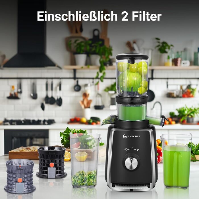 AMZCHEF Електричний соковитискач Slow Juicer 103 мм - потужність 250W, для овочів та фруктів, з 2 фільтрами, тихий двигун, функція реверсу, чорний