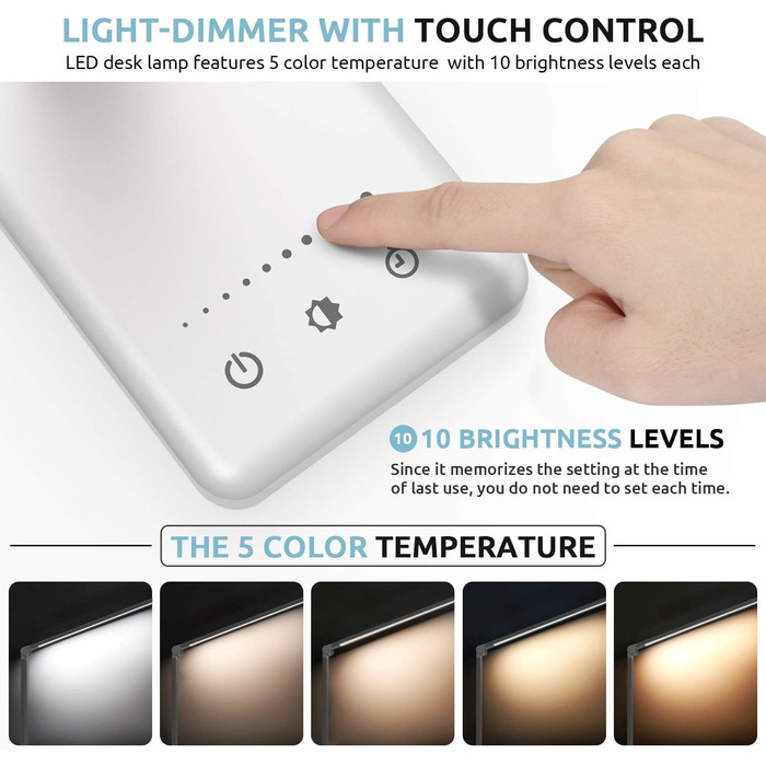 LED лампа настільна дитяча з регулюванням яскравості, 5 кольорів, 10 рівнів, захист очей, сенсорне керування, складана, з акумулятором 2500mAh, срібна