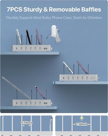 Зарядна станція SooPii USB 60W/12A з 6 портами, органайзер для декількох пристроїв з тримачем для Apple Watch, 6 кабелів в комплекті (срібло)