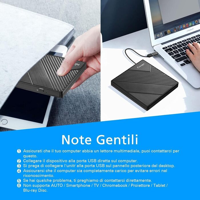 Зовнішній USB 3.0 CD/DVD-привід Cocopa Masterizzatore: портативний Ultra Slim DVD-RW/CD-RW плеєр для ноутбука та ПК (Windows, macOS, Linux)