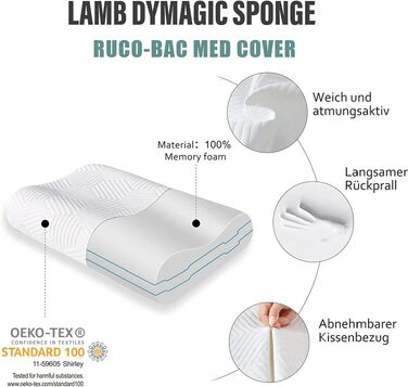 Ергономічна подушка для шиї та голови LAMB з ефектом пам'яті (Memory Foam) для сну на боці, регульована висота, з мийним чохлом, 60x36x12/10 см, біла