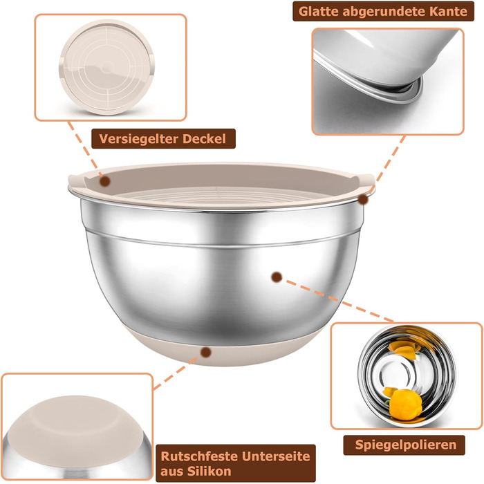 TEAMFAR Mixing Bowl Set, 7-Piece Stainless Steel Bowls Salad Bowls with Airtight Lids and Silicone Bottom, 0.7L/1.2L/1.5L/2.5L/2.8L/3.5L/6.5L, Khaki