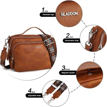 Сумка жіноча Gladdon через плече, шкіряна кросбоді, коричнева (A-braun) з регульованим плечовим ременем та застібкою-блискавкою