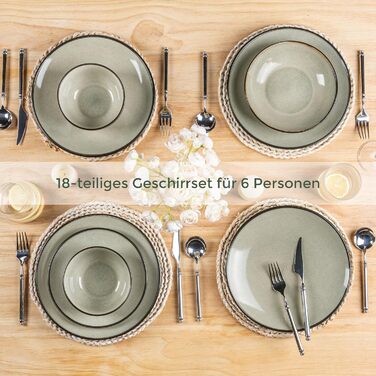 Набір посуду з каменю GBhome на 6 осіб (18 предметів), ручна робота, реактивна глазур, мікрохвильова та посудомийна машини, набір тарілок та мисок Desret Salbei
