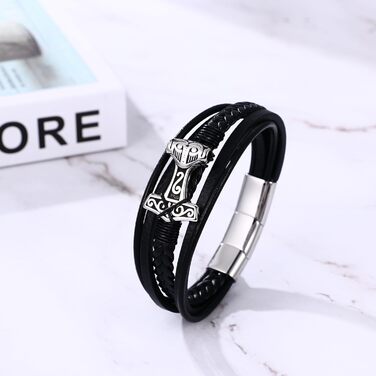 Чоловічий браслет Flongo з плетеного шкіряного шнура, стилізований під молот Тора (Муліньер), регульований, з пряжкою, амулет, подарунок для чоловіків