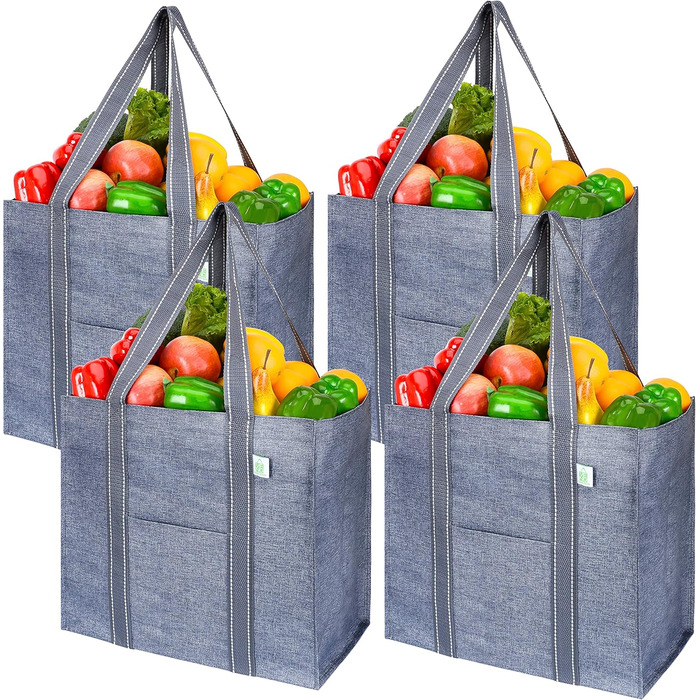 VENO 34 Liter Large Shopping Bag Foldable with Sturdy Bottom and Front Pocket, Reusable Shopping Bags Water-Resistant Tote Bag Shopping Basket for Shopping, Picnic (Gray, 4-Pack)