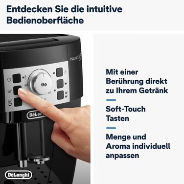 De'Longhi Magnifica S ECAM 22.110.B Fully Automatic Coffee Machine with Milk Frother for Cappuccino, featuring Espresso Direct Select Buttons and a Rotary Control, 2-Cup Function, 1.8 Liter Water Tank, Black/Silver with Chrome Finish