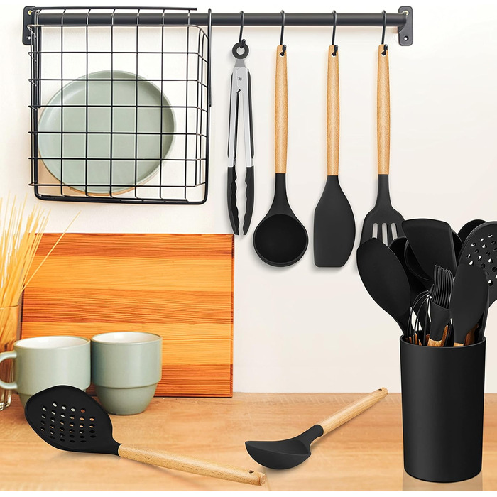 Набір кухонних аксесуарів Homikit 15 предметів з чорного силікону та дерев'яними ручками. Кухонний аксесуар, стійкий до високих температур, легко миється. З підставкою для аксесуарів.