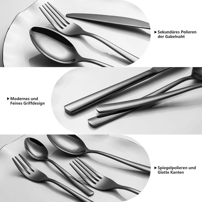 Black Cutlery Set, 6 People, 30-Piece, High-Quality Shiny Black, Stainless Steel Cutlery Set, Fork, Knife, Spoon Set, High-Gloss Polished Mirror Finish, Dishwasher Safe