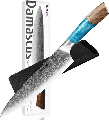 Японський ніж Hecef Damast 20 см з ручкою з харчової смоли: професійний кухонний ніж з дамаської сталі 67 шарів, з захистом для леза, подарунок для шеф-кухаря