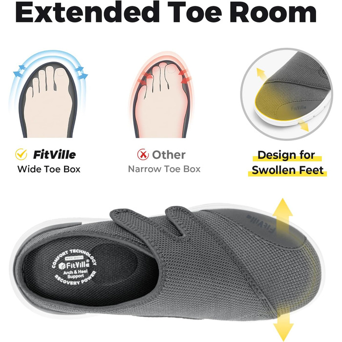 Домашні тапочки FitVille для чоловіків, широкі з кріпленням на липучці, реабілітаційне взуття (48 EU, сірий)