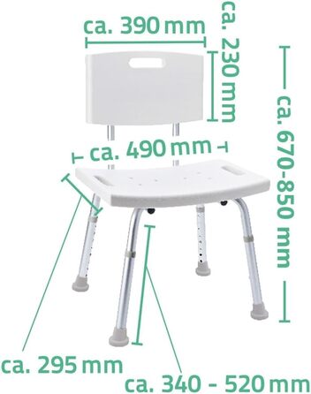 Стілець для ванної RIDDER Assistent A00602101 з регульованою висотою, спинкою, білий, 49x29,5x67-85 см