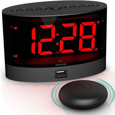 ANJANK Very Loud Alarm Clock with Wireless Vibration, Bed Shaker for Deaf/Hard of Hearing/Deep Sleepers, Dual Alarm, Dimmer, Battery Backup, USB Charger, Large Digital LED Display