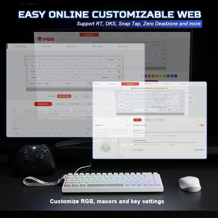 Механічна ігрова клавіатура YUNZII MADLIONS MAD68 з провідним підключенням, 60% розмір, Hall Effect перемикачі, регульована чутливість, PBT клавіші, RGB підсвічування, 8K polling rate (біла, перемикач Magnetic Amber Pro)