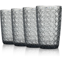 Joeyan 380ml Gray Water Glasses with Embossed Design, Vintage Highball Glasses, Colorful Water Glasses with Geometric Texture, Set of 4, Dishwasher Safe