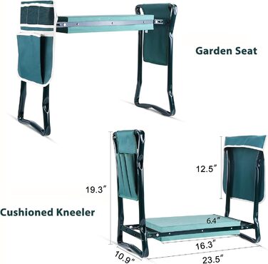 Ohuhu Kneeling Pad for Gardening, Knee Cushion, Folding Garden Stool up to 150 kg, 2-in-1 EVA Foam Cushion Garden Stool with 2 Tool Pockets, Knee Support for Gardening, Garden Bench 60x50x27 cm Green