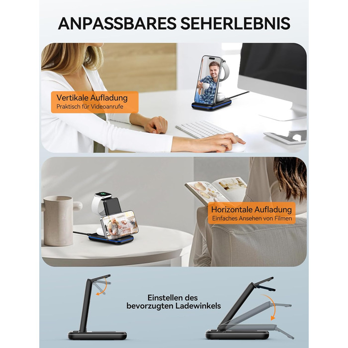 TECKNET Бездротова зарядка 3 в 1, Складна індукційна станція, Швидка зарядка для iPhone 17/16/15/14/13/12/11/Pro Max, Apple Watch Ultra/11-3/SE, AirPods Pro 3-2/4-2, Чорний