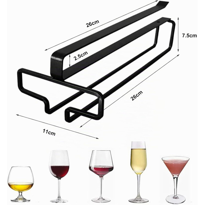Підвісний тримач для келихів для вина під шафу, металевий стелаж для бокалів без свердління, набір 4 шт. (Чорний)