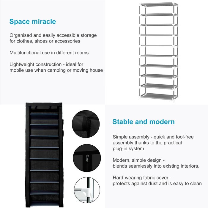 INTIRILIFE Folding Wardrobe 170x58x28 cm in Raven BLACK - with Zipper Fabric Wardrobe, Clothes Rack, Shoe Shelf with 9 Storage Compartments - Camping Storage Box, Textile Wardrobe