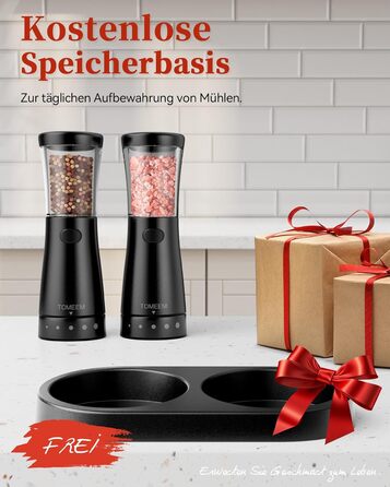 Електричні мельниці для солі та перцю 2 шт. з нержавіючої сталі, акумуляторні, з LED-підсвічуванням, регульоване керамічне подрібнення, щітка для чищення