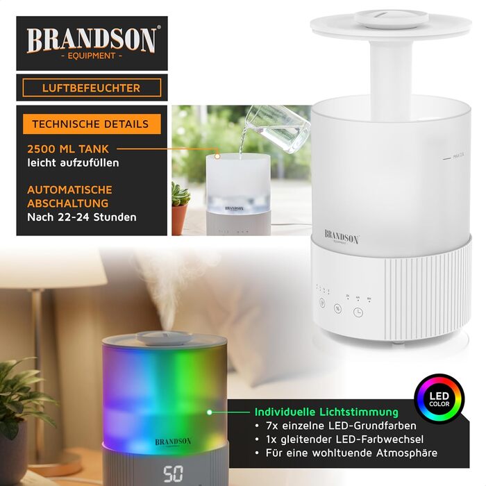 Зволожувач повітря Brandson з дисплеєм, 2.5 л, 3 режими, регулювання вологості, тихий, LED-підсвітка, таймер, нічний режим, для вітальні та спальні