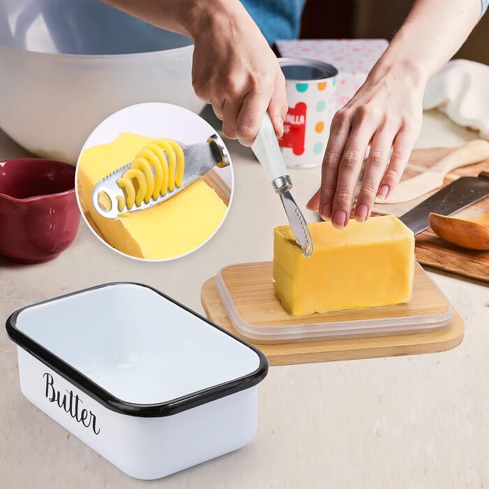 Butter dish with lid and butter spreader knife for countertop - Unbreakable metal container with high-quality double silicone seal, for kitchen farmhouse decor