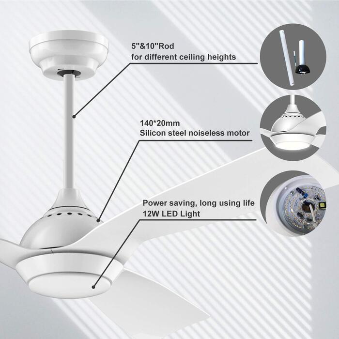 Стеляний вентилятор Reiga з LED-підсвічуванням та пультом керування, 132 см, білий, DC-двигун, тихий, 6 швидкостей, 3 колірні температури, для внутрішнього та зовнішнього використання, 3 лопаті, білий