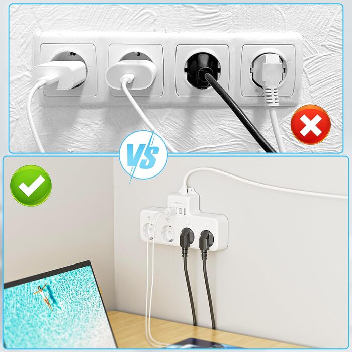 Багатофункціональна мережа роз'ємів 9 в 1 з вимикачем, USB-роз'єм 5-fach, кабель 2м, кутова мережа роз'ємів, чорний колір, індивідуальне вимкнення, для кухні та робочого столу (4 розетки, настінний монтаж)