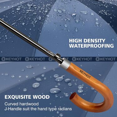 Stormproof Umbrella - XL Wooden Handle Rain Stick Umbrella for Men & Women - 12 Ribs, 118cm, Marine Blue