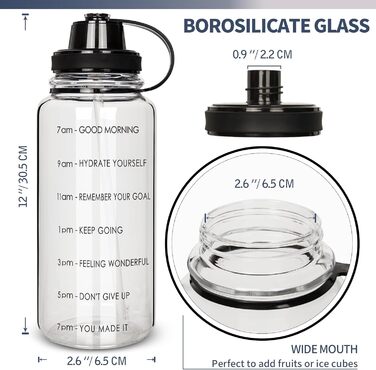 2 Liter Glass Water Bottle with Straw and Time Marker, Motivational Water Bottle with Neoprene Sleeve, Large 2L Glass Bottle for Fitness, Home, and Office, Leak-Proof, BPA-Free