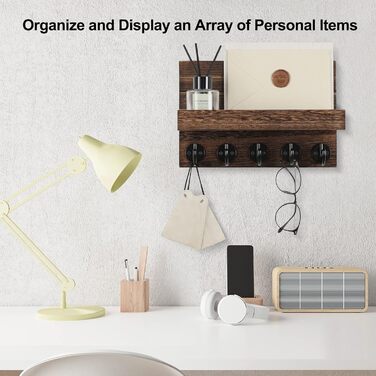 Key holder for wall, decorative key and mail holder with shelf has large key hooks for bags, coats – Paulownia wood key hanger with mounting material (24 cm W x 17 cm)