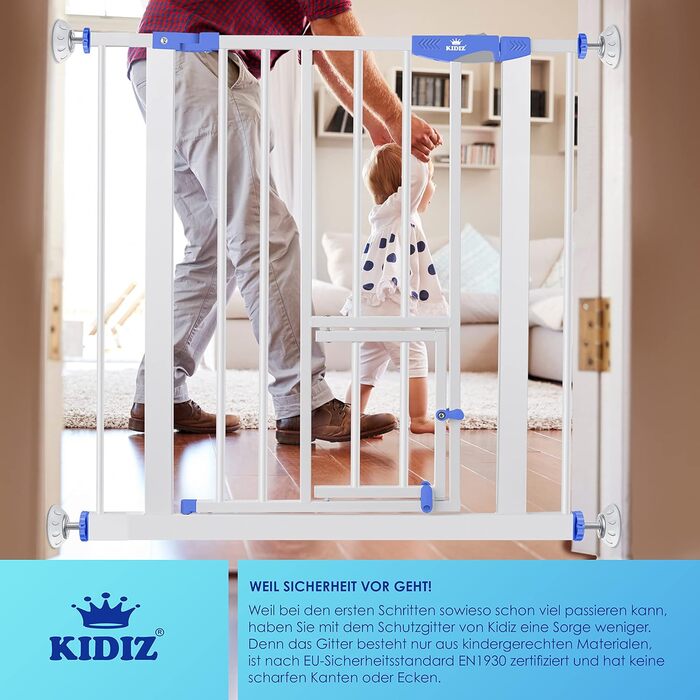 Захисний бар'єр KIDIZ для котів з люком, захист від дітей, турнікет для дитячих кімнат без свердління, поворотний, білий/блакитний, ширина 74-87 см