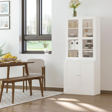HOMCOM 178.5 cm Tall Bookshelf Display Cabinet with Glass Door, 6 Compartments, Kitchen Cabinet for Living Room, Kitchen - White | Aosom