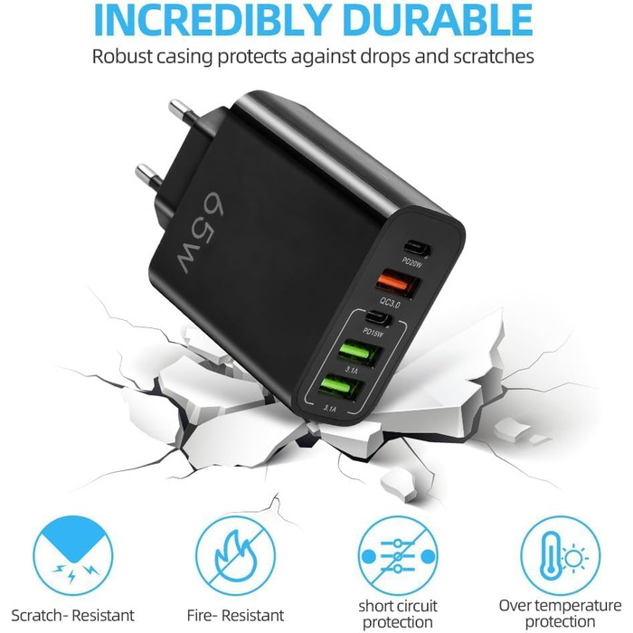 Мережевий адаптер AXFEE 65W 5-портовий з USB-C та USB-A, швидка зарядка PD 3.0, чорний