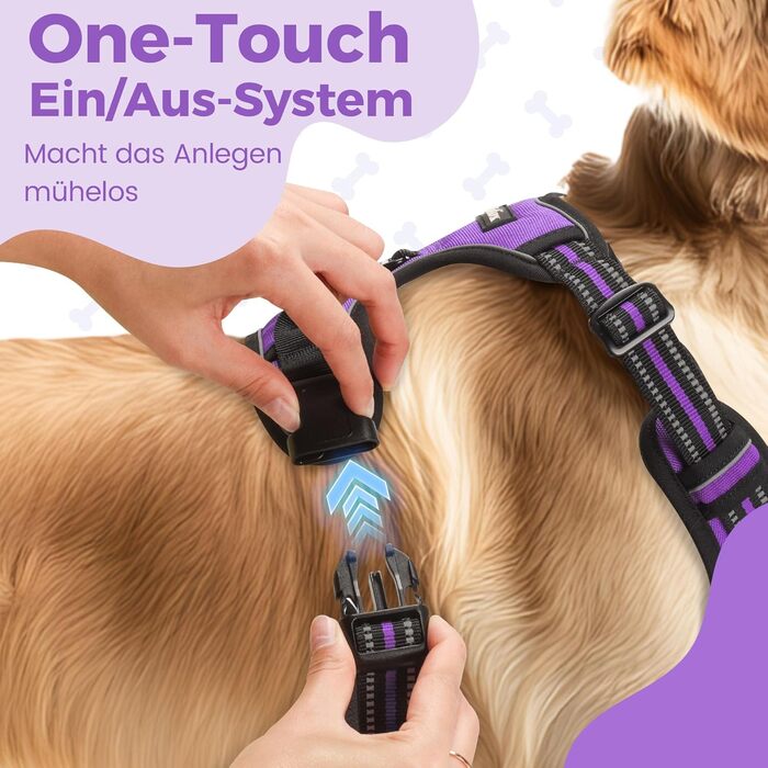 Шлейка для собак середніх порід Funfox, анти-тягнуча, з ручкою та світловідбиваючими смугами, без обмеження росту (XL, фіолетовий)