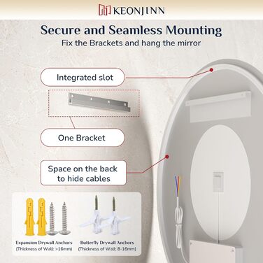 Дзеркало для ванної кімнати Keonjinn кругле, 60см з підсвічуванням, антизапар, сенсорне управління, пам'ять, 3 кольори світла, регулювання яскравості, LED, без рамки