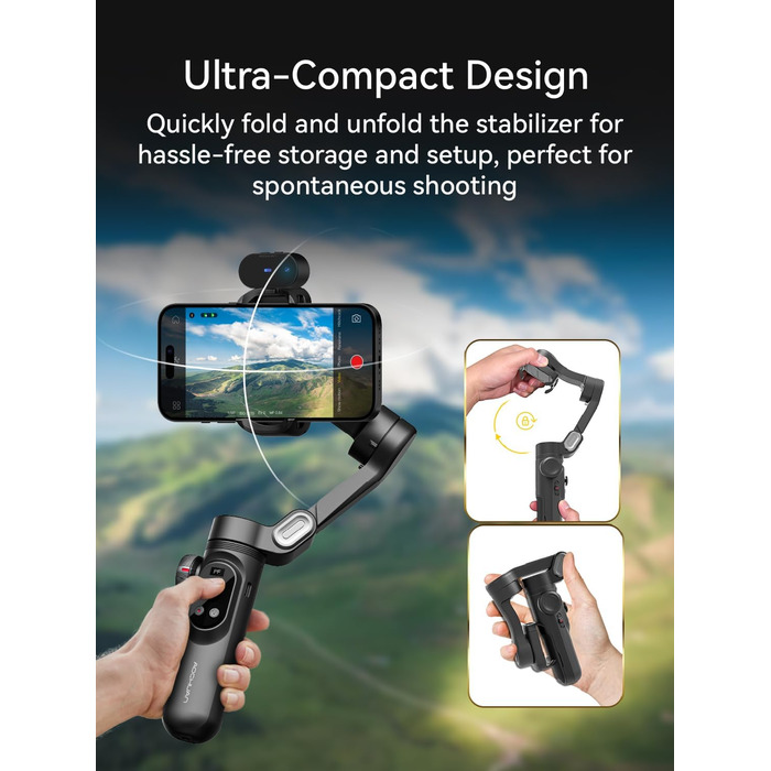 Стабілізатор для смартфона AOCHUAN 3-осьовий з RGB-підсвічуванням, для iPhone/Android, з функцією відстеження обличчя, для зйомки Vlog (Smart X Pro AI, Чорний)
