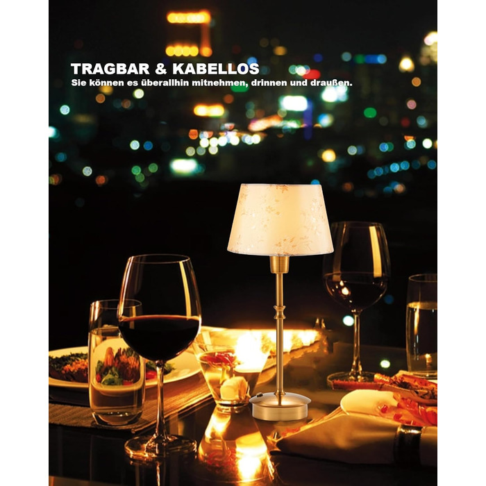 Настільна лампа OCEST на акумуляторі, сенсорне керування, регульована яскравість, для дому, кухні, тераси, їдальні (античне латунь-лінолеум), плафон з шовку 35,5 см