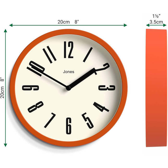 JONES CLOCKS® Hot Tub Wall Clock | Small Retro Round Clock | 20cm | Orange | Easy-to-Read Numbers | Ideal for Kitchen, Office, Kids' Room, or Any Small Space