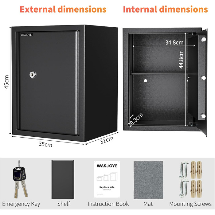 Safe Tresor WASJOYE: Сейф для дому/офісу з ключем (25x35x25 см, 49 л)