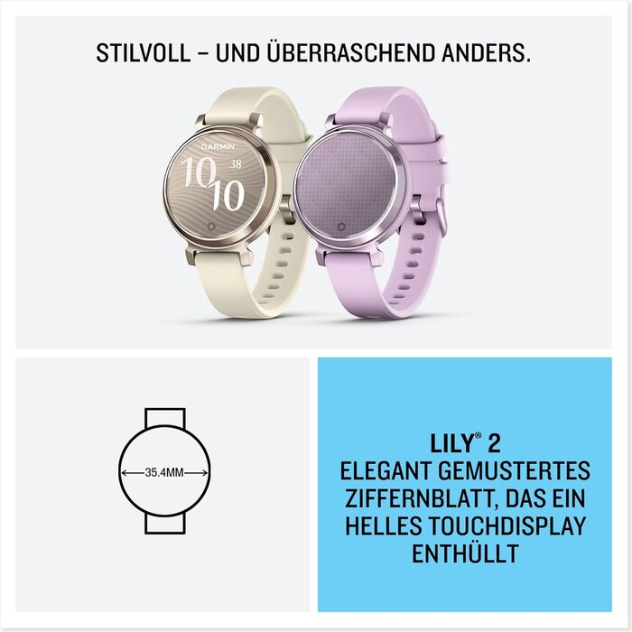 Розумний годинник Garmin Lily 2 [відновлений] - стильний аксесуар з преміум-люнеткою, 2.54 см сенсорний дисплей, до 5 днів роботи від акумулятора, відстеження здоров'я та фітнесу для жінок, сповіщення зі смартфона [відновлений]