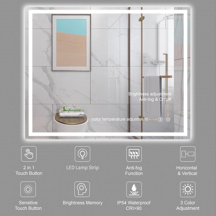 Дзеркало для ванної кімнати з LED-підсвічуванням Dripex, 50x70 см, сенсорне керування, протитуманне покриття, холодний білий світ, енергозберігаюче