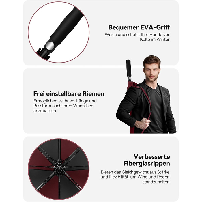 TECKNET Головний парасолька велика XXL, гольф-парасолька 68 дюймів, стійка до вітру, з подвійною конструкцією, вентильована, з великою ручкою EVA, для жінок та чоловіків, чорна та червона, діаметр 150 см