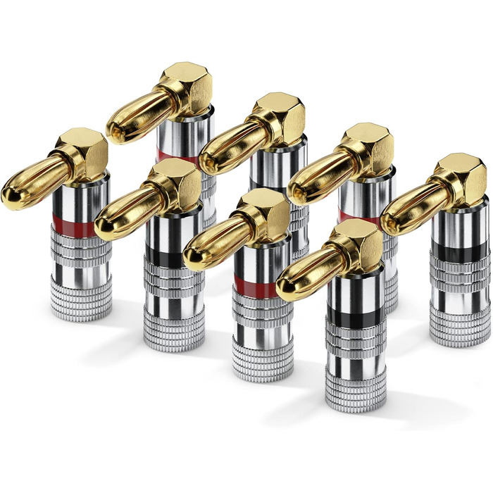 Бананові конектори Sonero® для акустичних кабелів до 6 мм², 4 шт. з кольоровим кодуванням (12x червоний, 12x чорний), 24K позолота (8 шт., кут 90°, Single)