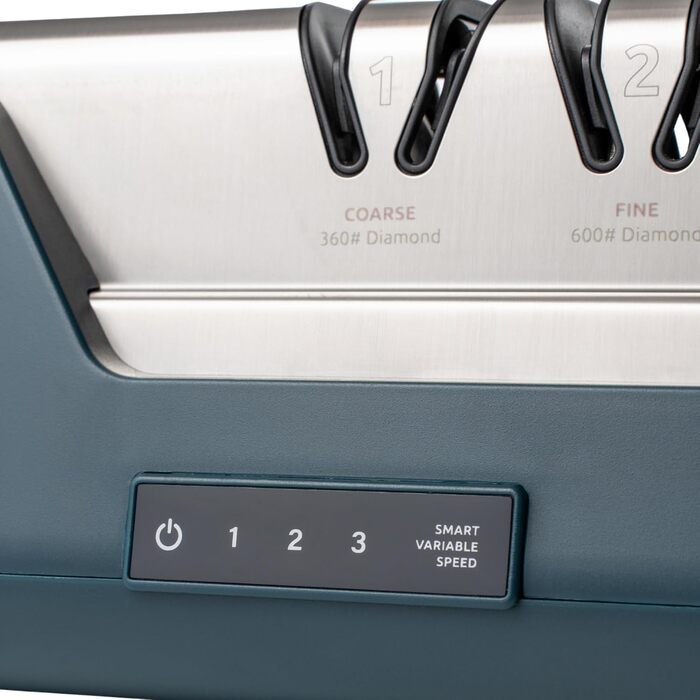 Електричний точило для ножів Messerschärfer – 2-ступенева система шліфування, для кухонних та керамічних ножів, з кутозапобіжником, професійний (Білий/Синій)