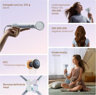 Фен DREAME Hair: Швидке сушіння, 110 000 обертів/хв, іонізація, регулювання температури та потужності, насадка-дифузор, тиха робота, білий (блакитний, міні)