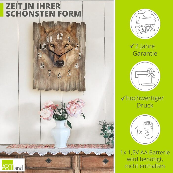 ARTLAND Wall Decor Wall Clock without Ticking Sounds, Wood, 30x40 cm, Rectangular, Silent, Nature, Animals, Forest Landscape, Original, Nordic, T5YP (Wolf, Radio Clock)