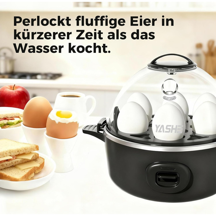 Електричний яйцеварка YASHE на 7 яєць: для твердих, середніх та м'яких яєць. З підставкою для яєць та акустичним сигналом